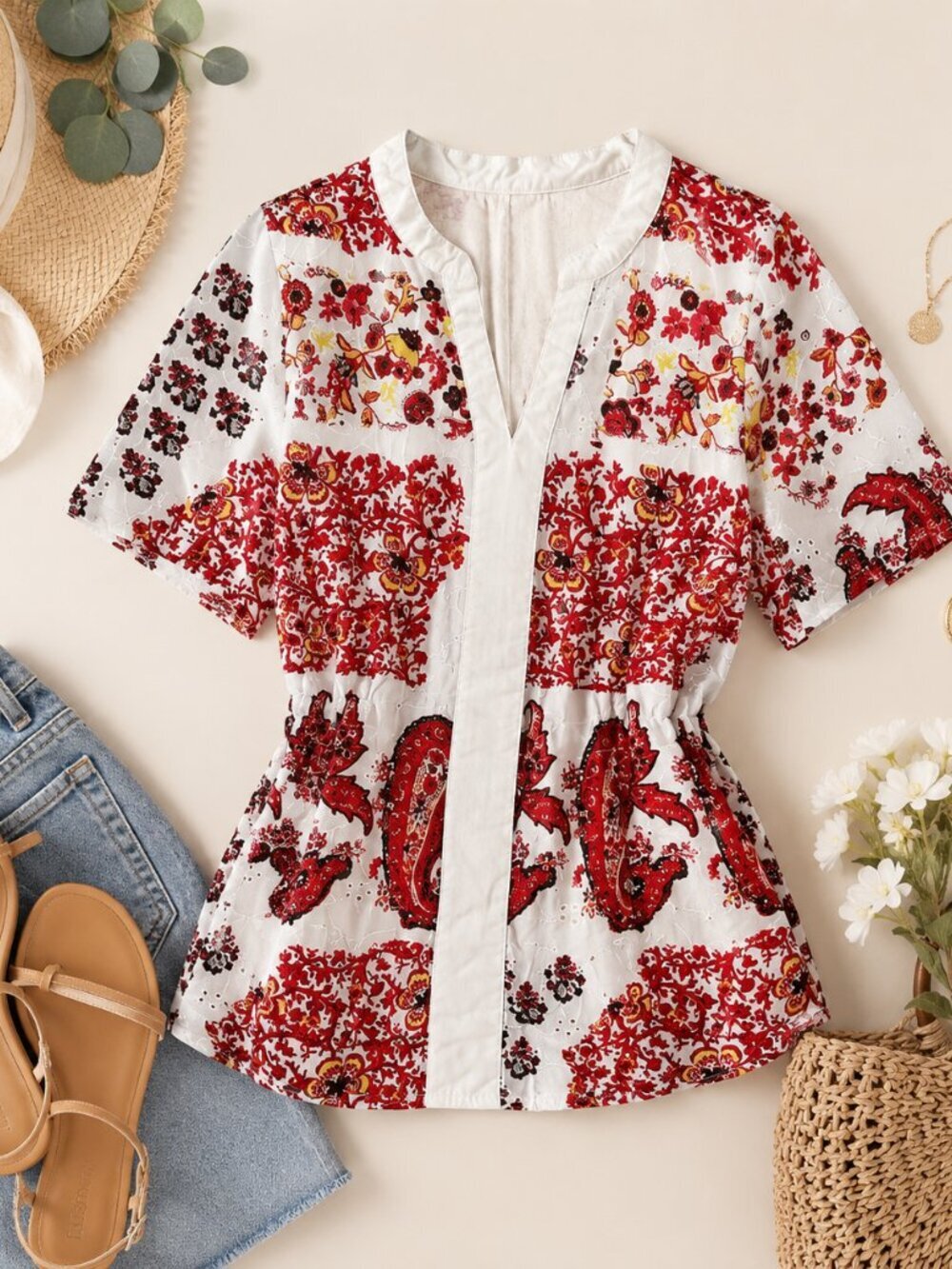 Art & Soul Patchwork Boho Blouse Womens Medium Red Paisley